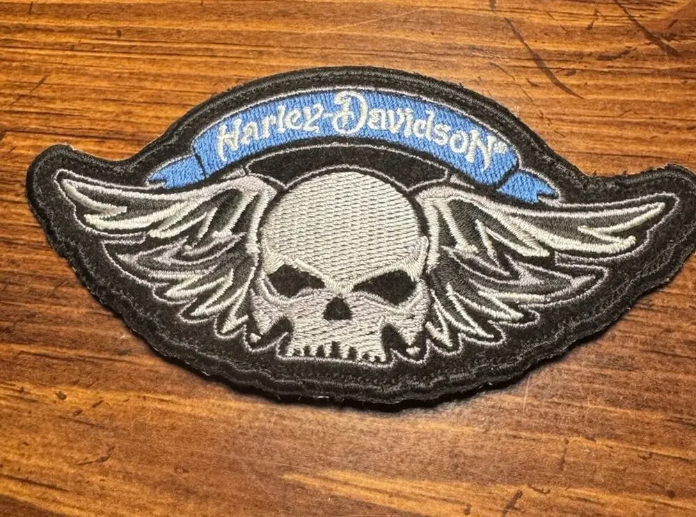 Harley-Davidson Skull Wings Embroidered Patch Blue Black 5x2.5 Biker Vest